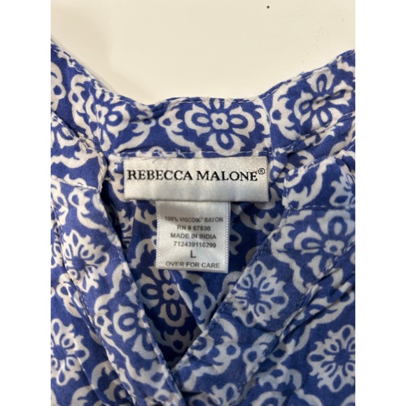 Rebecca Malone Blouse Womens Large Blue White Medallion Print Rayon Button Top - Picture 4 of 6